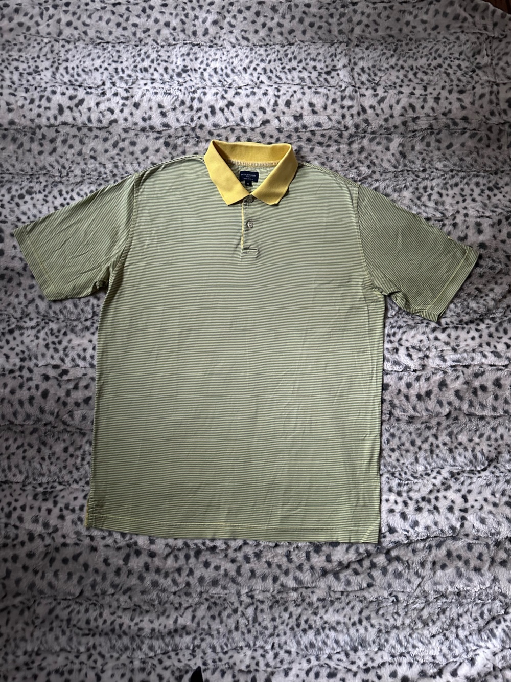 Burberry Golf Green Yellow Horizontal Striped Polo Shirt Short Sleeve Logo sz M